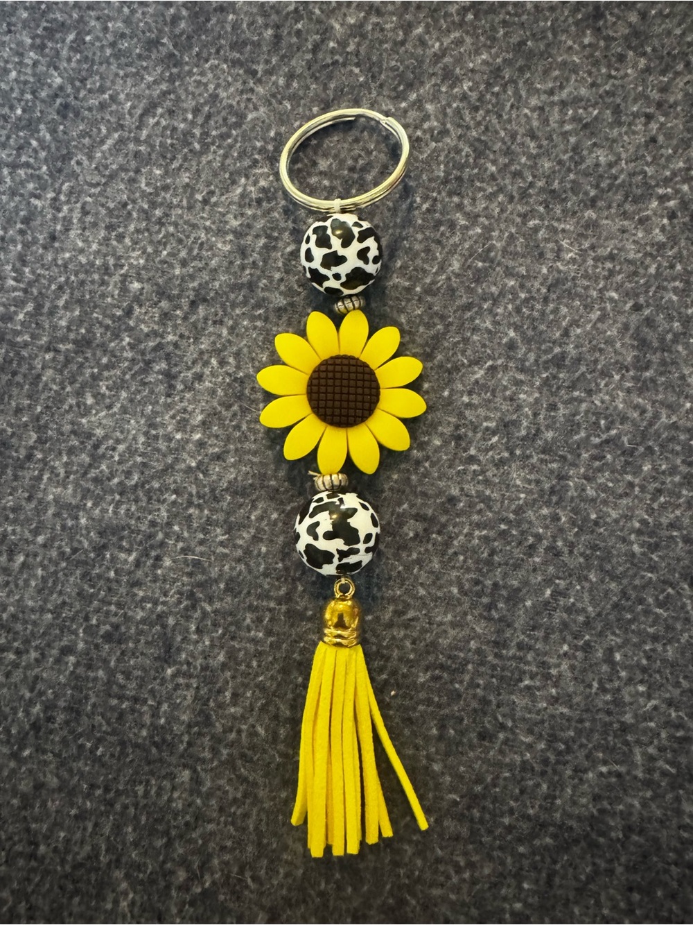 Yellow Sunflower Tassel Keychain with Black & White Beads